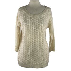 Covington Size L Gold Metallic 3/4 Sleeve Crew Neck Sweater Cream Textured Front